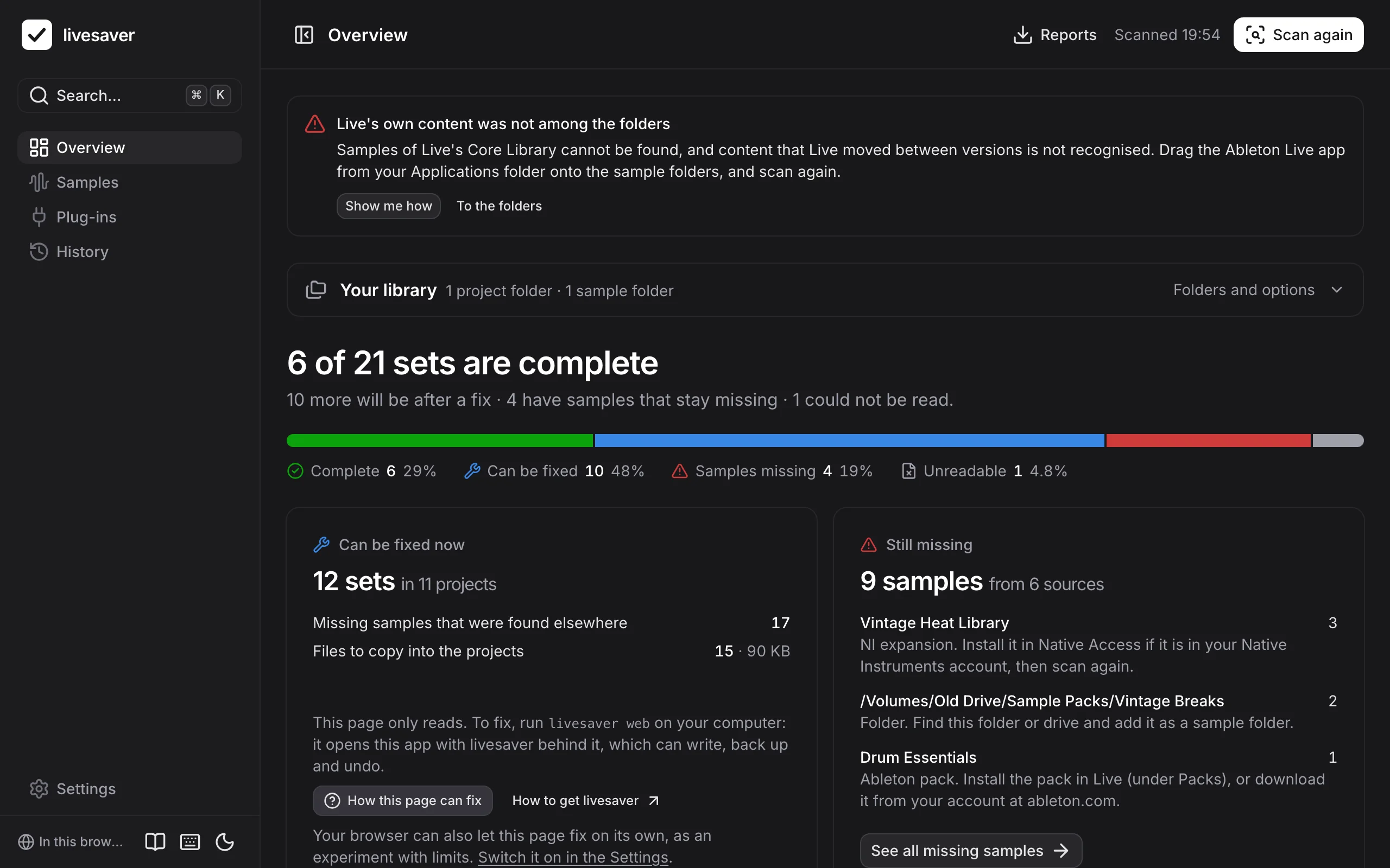 The app in a browser on its own: it scans and shows everything, and says what needs livesaver