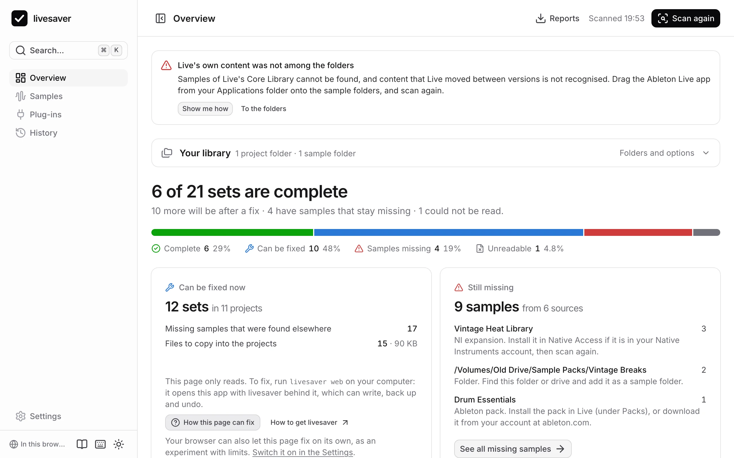The app in a browser on its own: it scans and shows everything, and says what needs livesaver