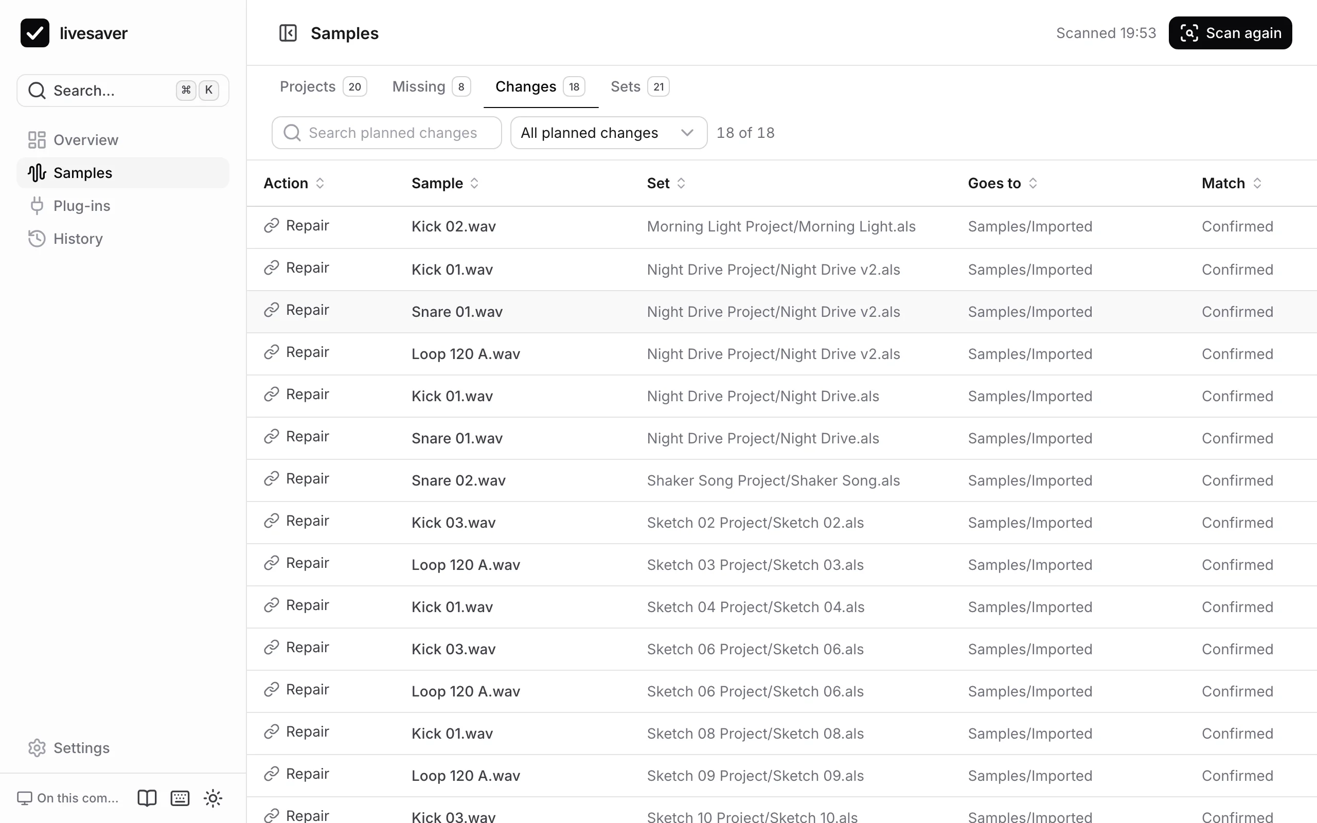Every planned change: how the file was found, and whether its fingerprint confirms it