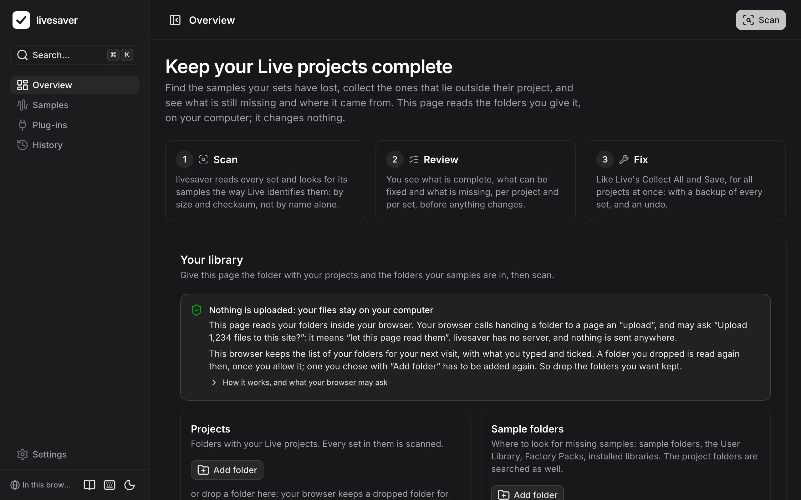Where folders are added, the page says what that means: nothing is uploaded