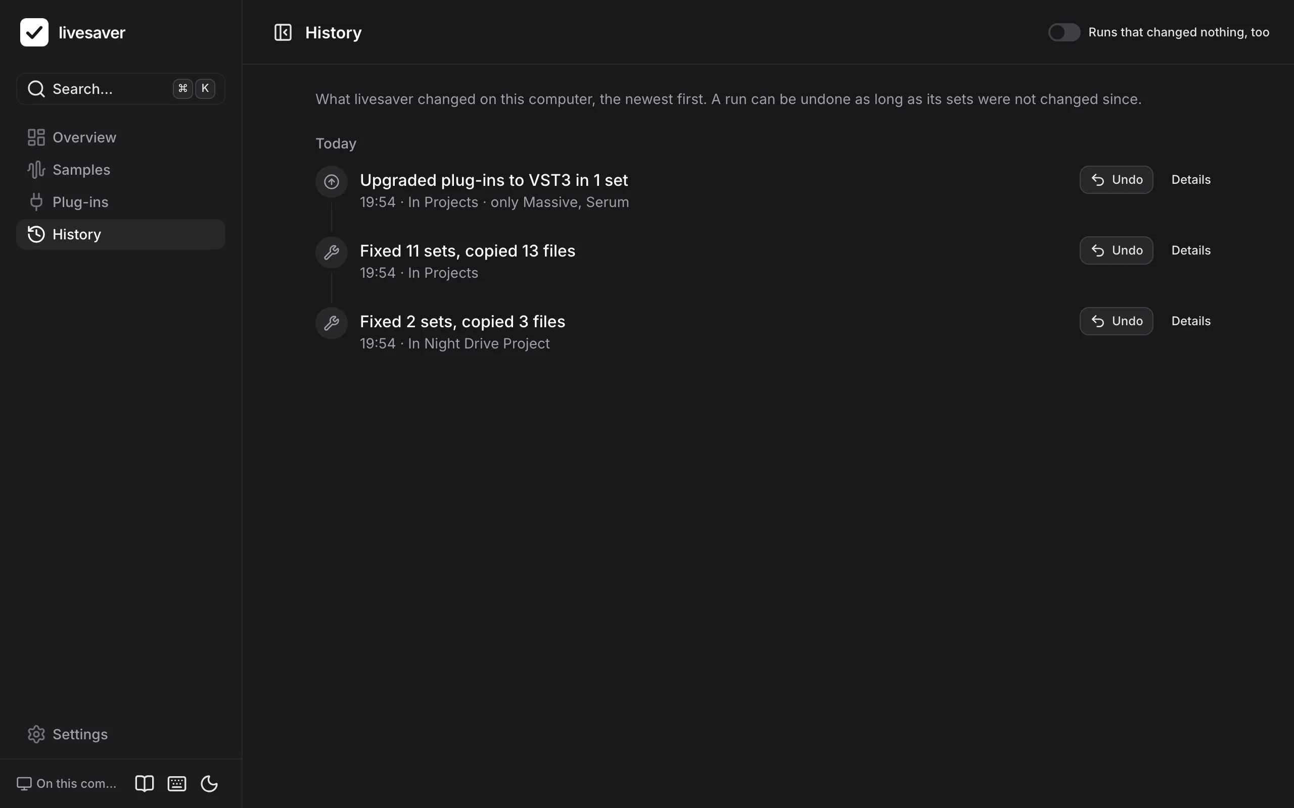 The history: an upgrade of plug-ins and two fixes of today, each with its undo and its details