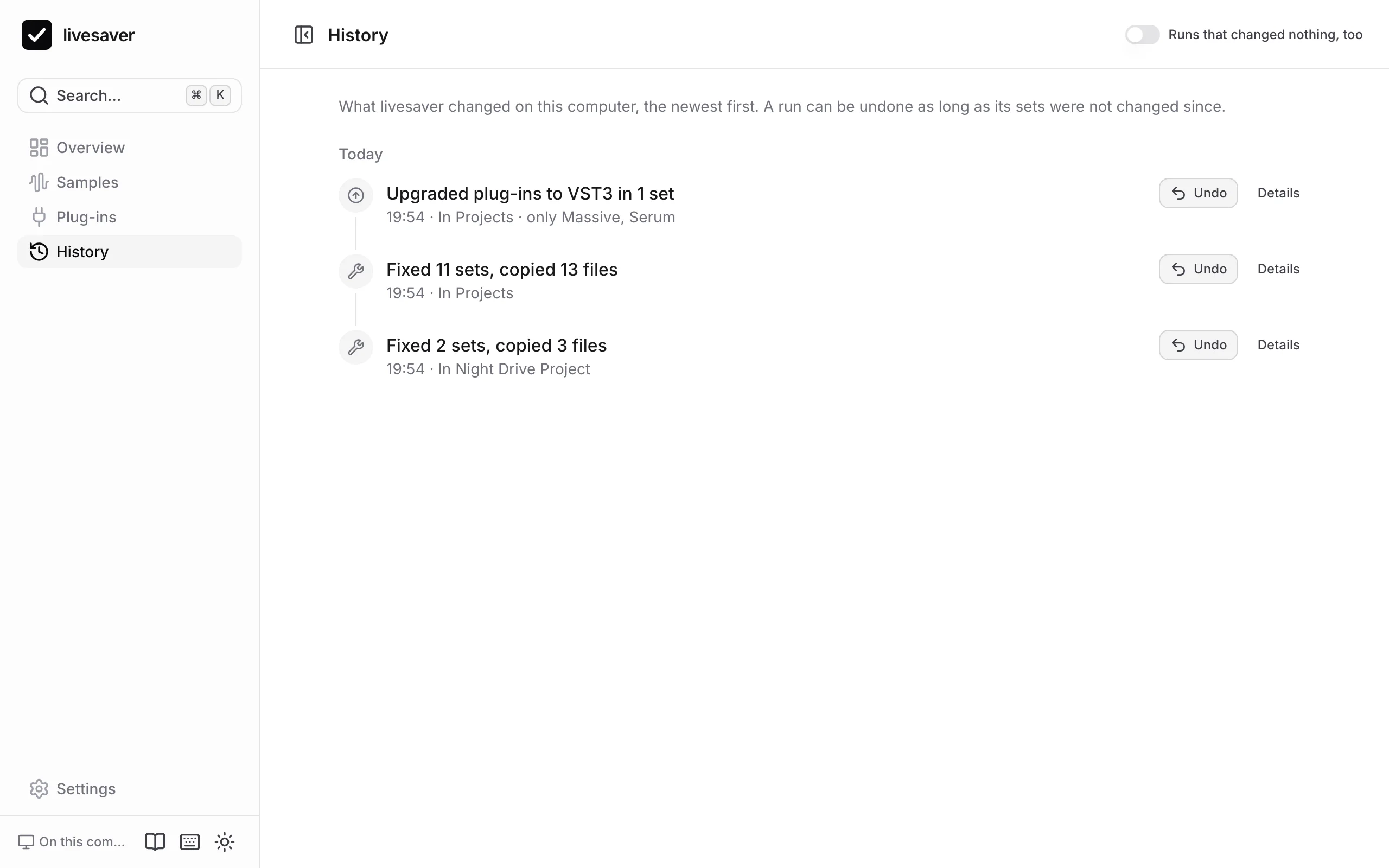 The history: an upgrade of plug-ins and two fixes of today, each with its undo and its details