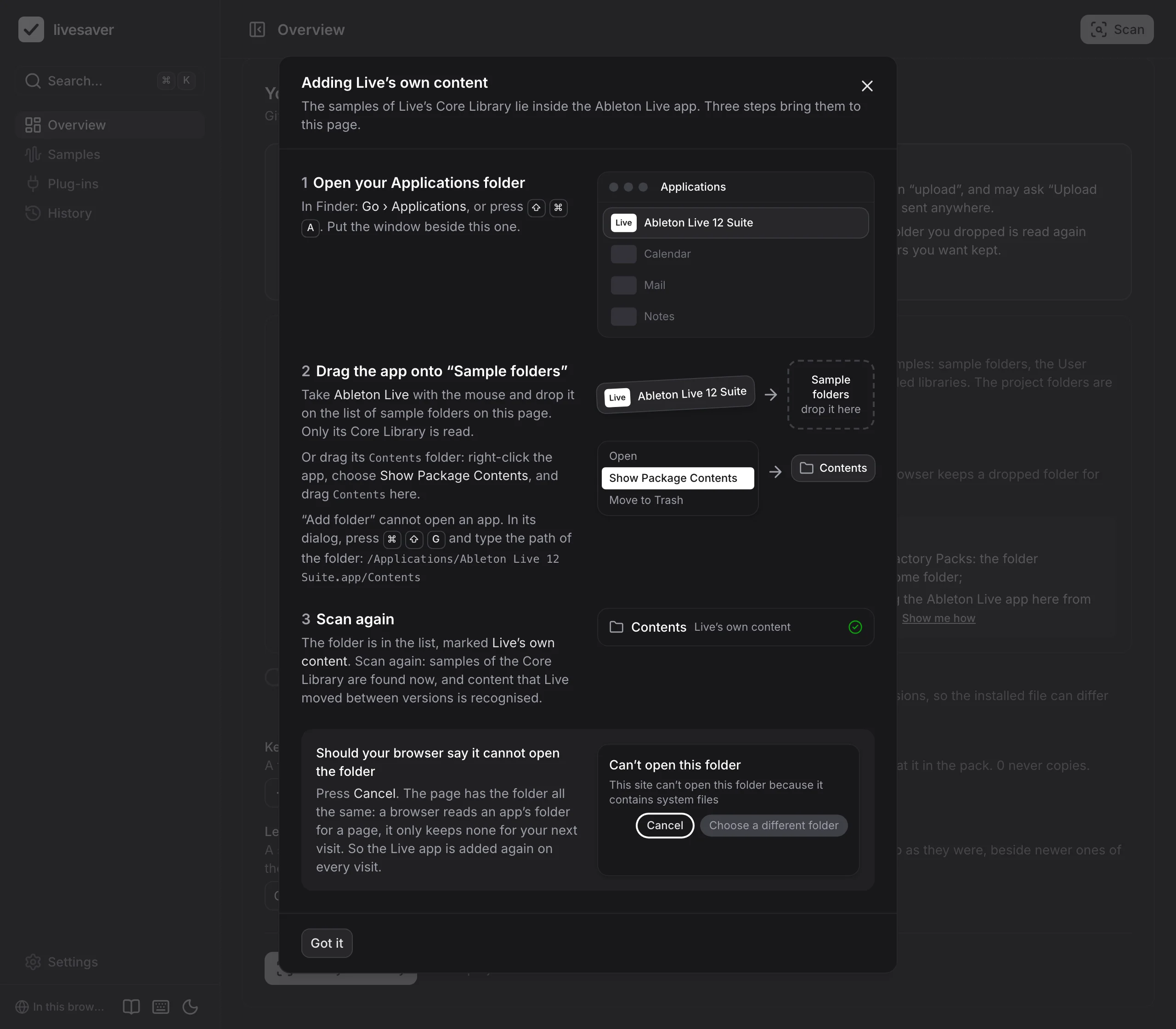 The steps to add the Live app, as the page shows them