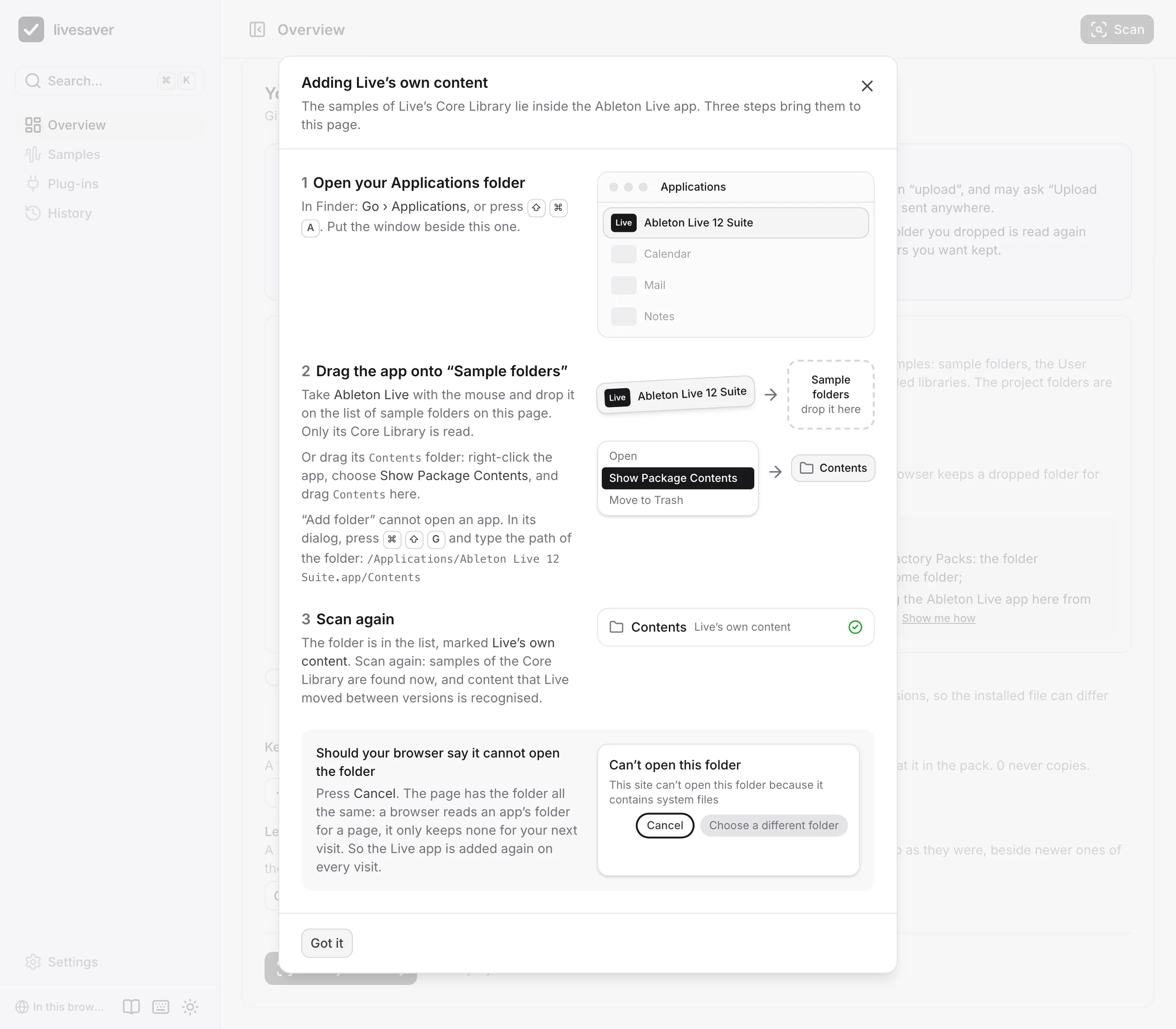 The steps to add the Live app, as the page shows them