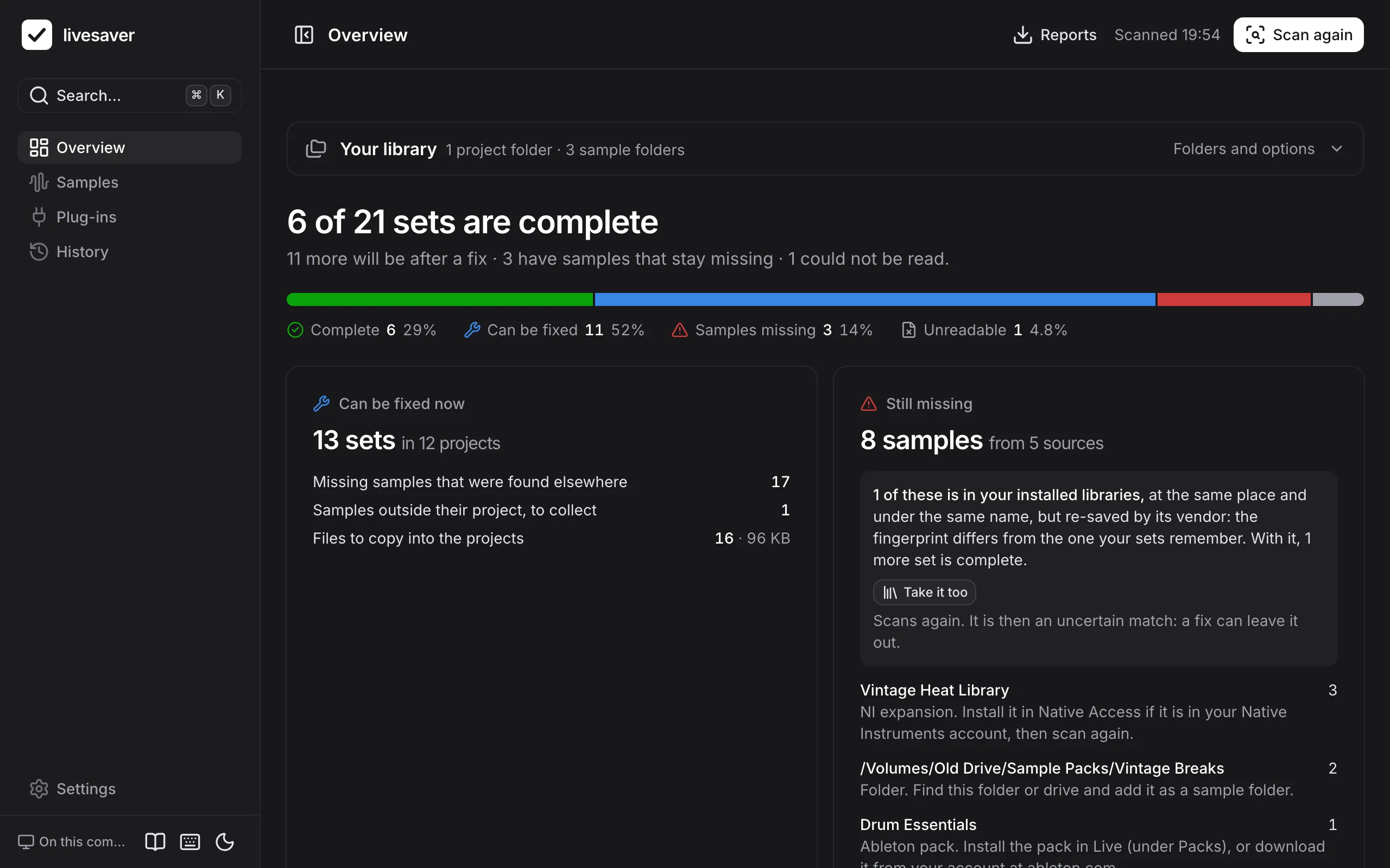 The overview of livesaver after a scan: 6 of 21 sets are complete, 11 more will be after a fix, and 8 samples stay missing, listed by where they came from