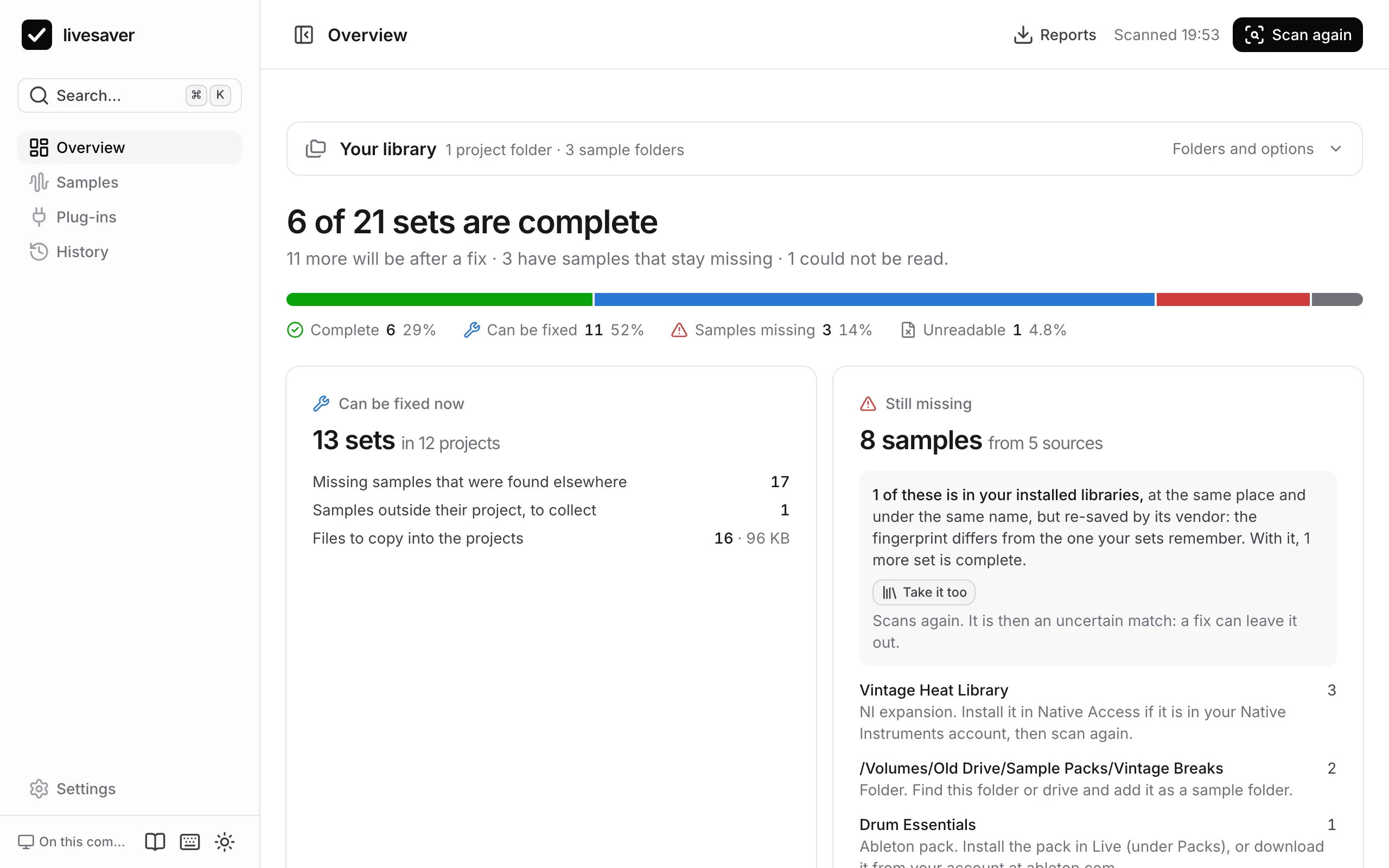 The overview of livesaver after a scan: 6 of 21 sets are complete, 11 more will be after a fix, and 8 samples stay missing, listed by where they came from